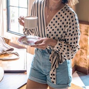 NWT 🆕 - Zara Stripes + Polka Dots Silky Wrap Front Asymmetrical Blouse - XS